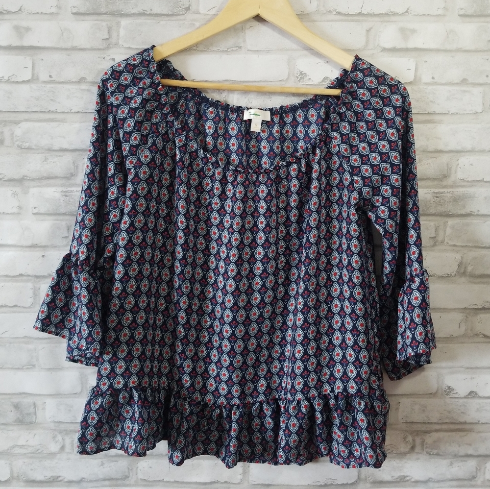 Charming Charlie ruffle bottom sleeve blue shirt S